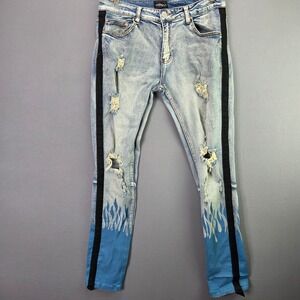 Cooper 9 Distressed Flame Print Jeans 34 Blue Side Stripe Streetwear Denim